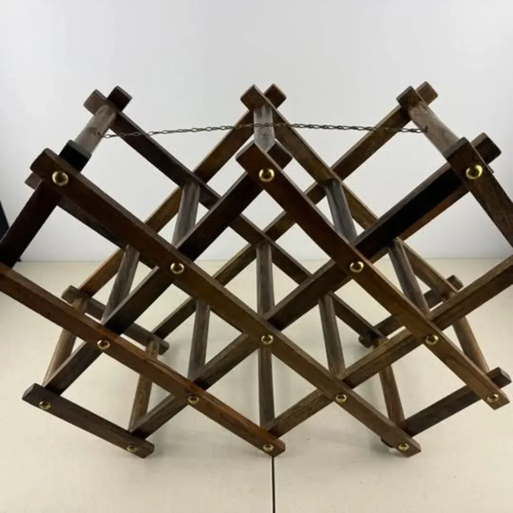 Vintage Wooden Accordion Folding Wine Rack w Brass Accents